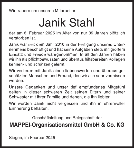 Traueranzeige von Janik Stahl von Siegener Zeitung