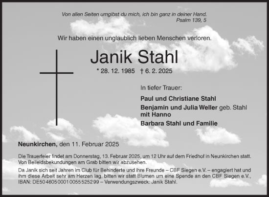 Traueranzeige von Janik Stahl von Siegener Zeitung