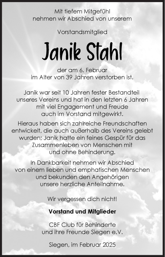 Traueranzeige von Janik Stahl von Siegener Zeitung