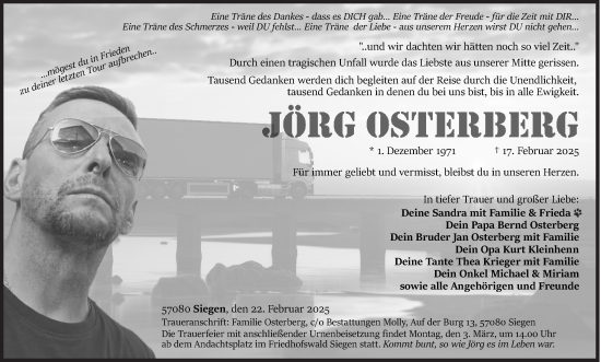 Traueranzeige von Jörg Osterberg von Siegener Zeitung