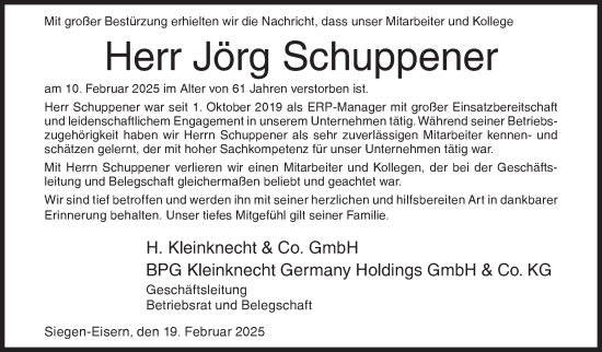 Traueranzeige von Jörg Schuppener von Siegener Zeitung