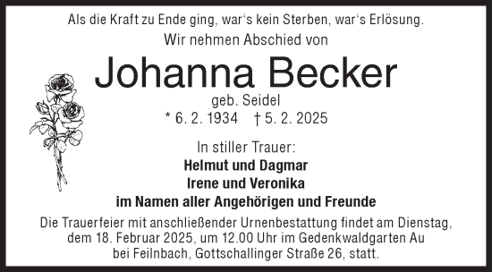Traueranzeige von Johanna Becker von Siegener Zeitung