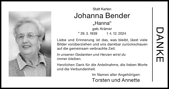 Traueranzeige von Johanna Bender von Siegener Zeitung