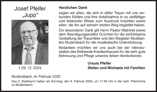 Traueranzeige von Josef Pfeifer von Siegener Zeitung