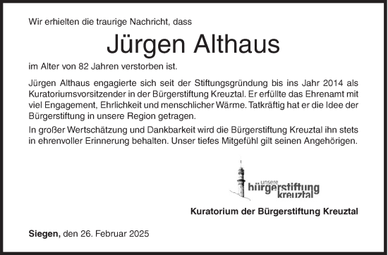 Traueranzeige von Jürgen Althaus von Siegener Zeitung