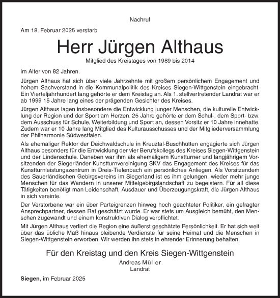 Traueranzeige von Jürgen Althaus von Siegener Zeitung