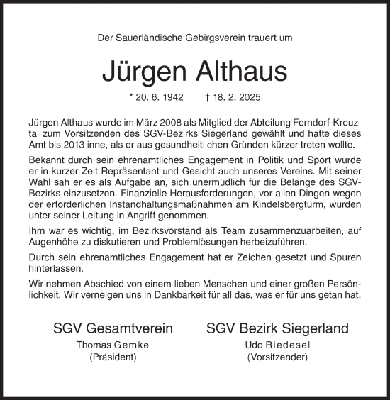 Traueranzeige von Jürgen Althaus von Siegener Zeitung