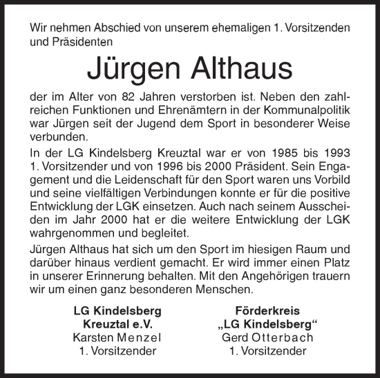 Traueranzeige von Jürgen Althaus von Siegener Zeitung