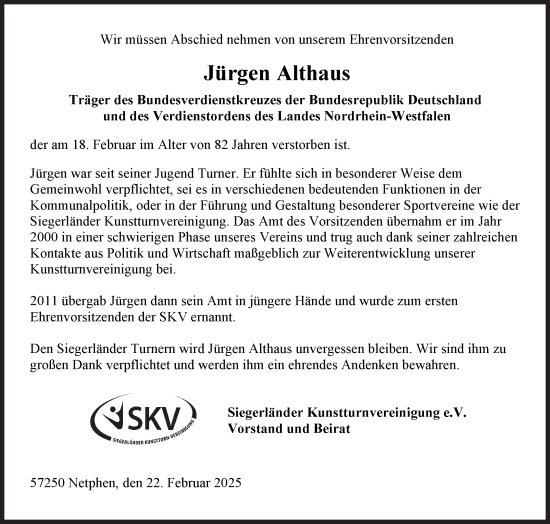 Traueranzeige von Jürgen Althaus von Siegener Zeitung