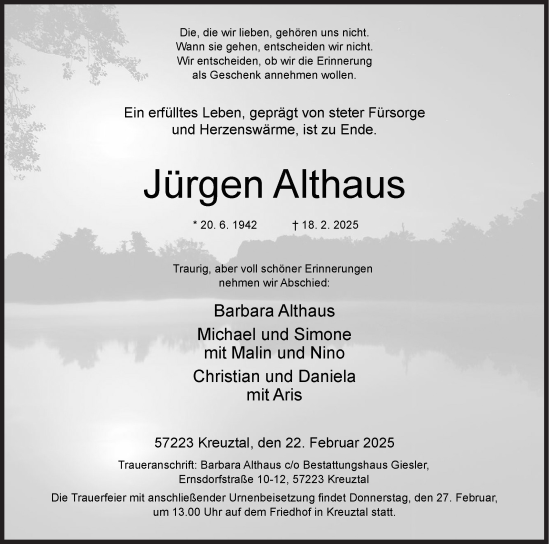 Traueranzeige von Jürgen Althaus von Siegener Zeitung