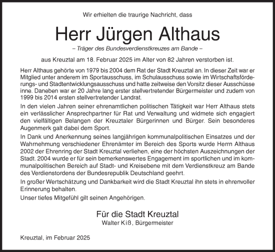 Traueranzeige von Jürgen Althaus von Siegener Zeitung