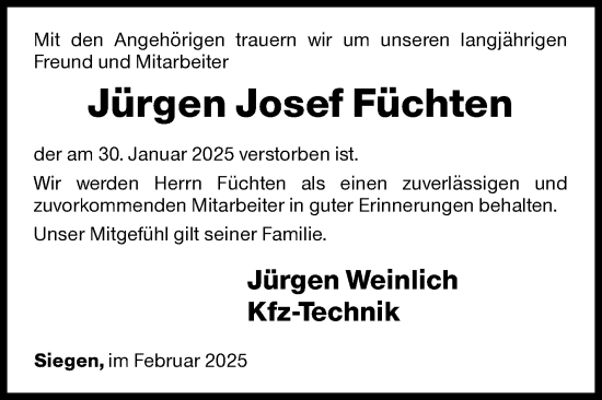Traueranzeige von Jürgen Josef Füchten von Siegener Zeitung