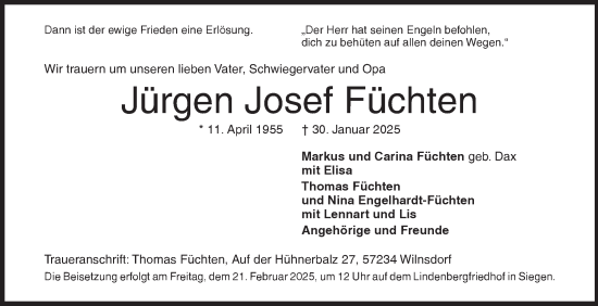 Traueranzeige von Jürgen Josef Füchten von Siegener Zeitung