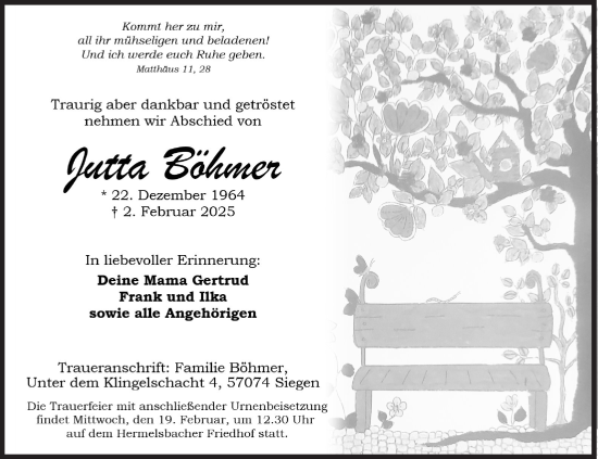 Traueranzeige von Jutta Böhmer von Siegener Zeitung