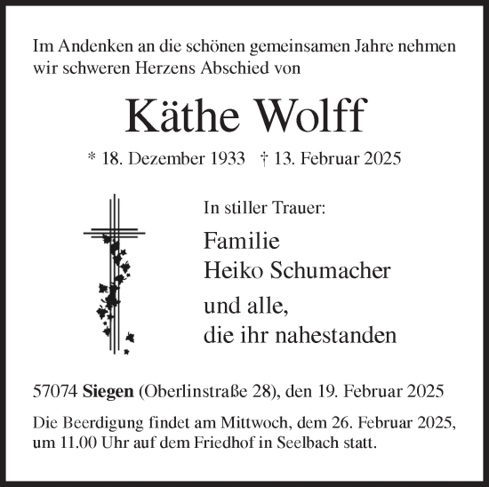 Traueranzeige von Käthe Wolff von Siegener Zeitung