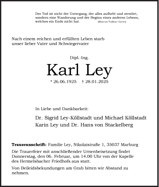 Traueranzeige von Karl Ley von Siegener Zeitung