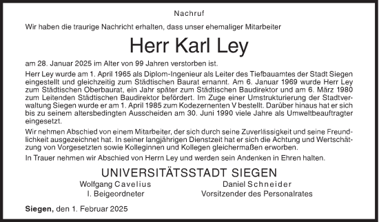 Traueranzeige von Karl Ley von Siegener Zeitung