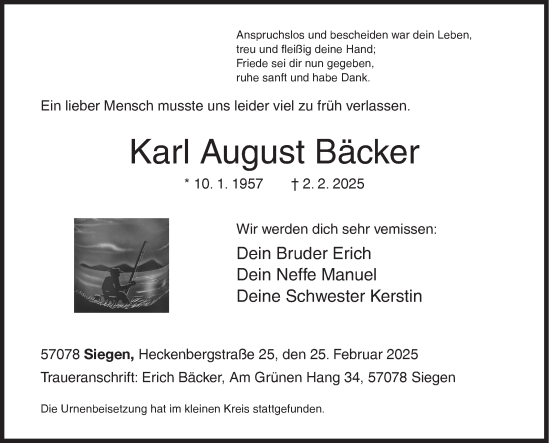 Traueranzeige von Karl August Bäcker von Siegener Zeitung