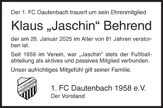 Traueranzeige von Klaus Behrend von Siegener Zeitung
