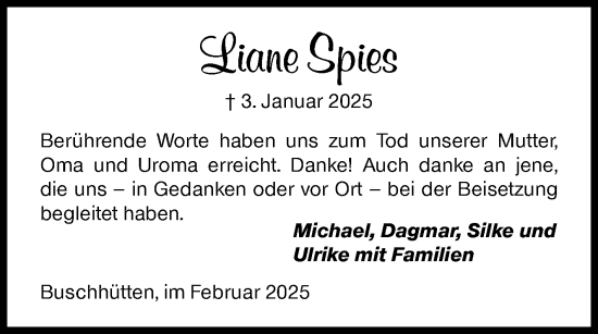 Traueranzeige von Liane Spies von Siegener Zeitung