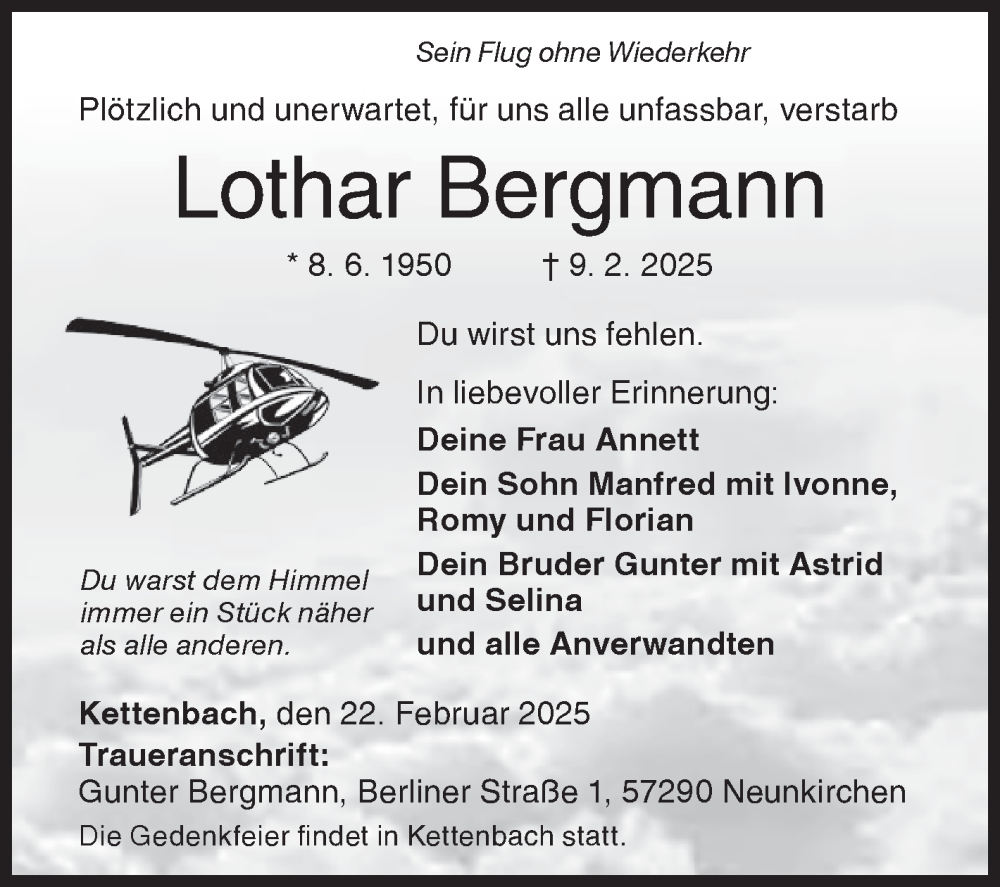  Traueranzeige für Lothar Bergmann vom 22.02.2025 aus Siegener Zeitung