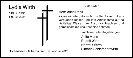 Traueranzeige von Lydia Wirth von Siegener Zeitung