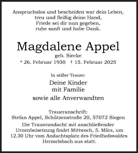 Traueranzeige von Magdalene Appel von Siegener Zeitung