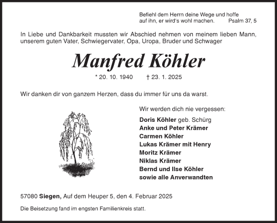 Traueranzeige von Manfred Köhler von Siegener Zeitung