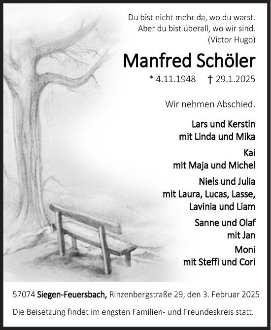 Traueranzeige von Manfred Schöler von Siegener Zeitung