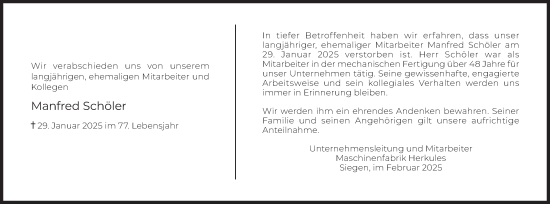 Traueranzeige von Manfred Schöler von Siegener Zeitung