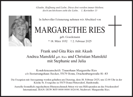 Traueranzeige von Margarethe Ries von Siegener Zeitung
