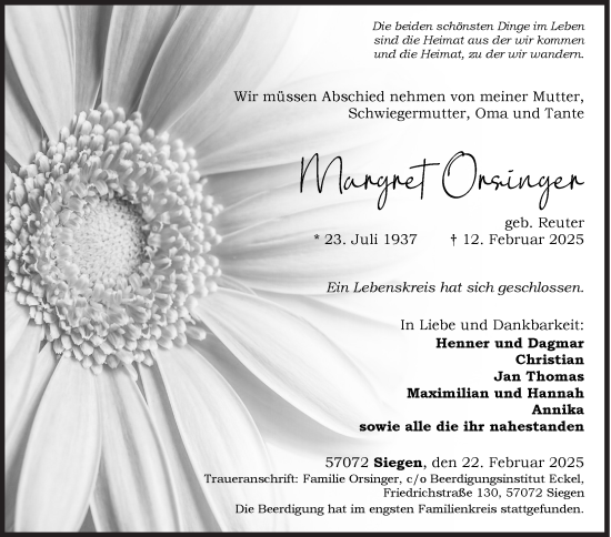 Traueranzeige von Margret Orsinger von Siegener Zeitung