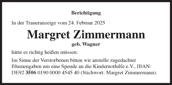 Traueranzeige von Margret Zimmermann von Siegener Zeitung