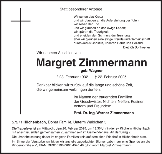 Traueranzeige von Margret Zimmermann von Siegener Zeitung