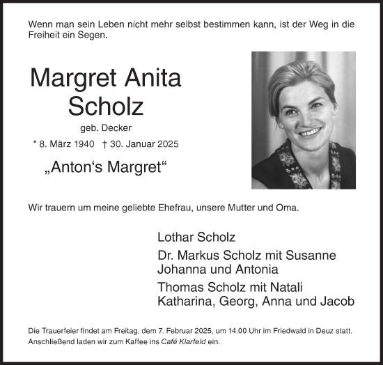 Traueranzeige von Margret Anita Scholz von Siegener Zeitung