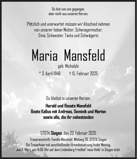 Traueranzeige von Maria Mansfeld von Siegener Zeitung