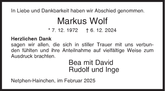 Traueranzeige von Markus-Lothar Wolf von Siegener Zeitung