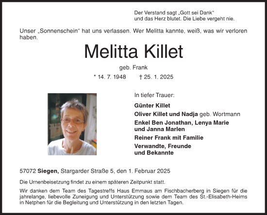 Traueranzeige von Melitta Killet von Siegener Zeitung