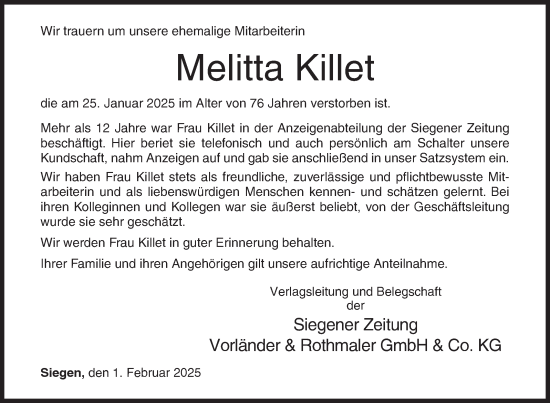 Traueranzeige von Melitta Killet von Siegener Zeitung