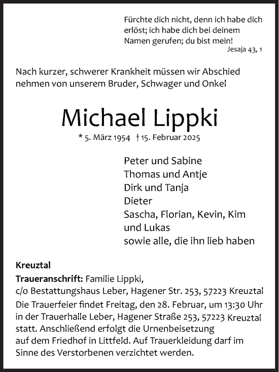 Traueranzeige von Michael Lippki von Siegener Zeitung