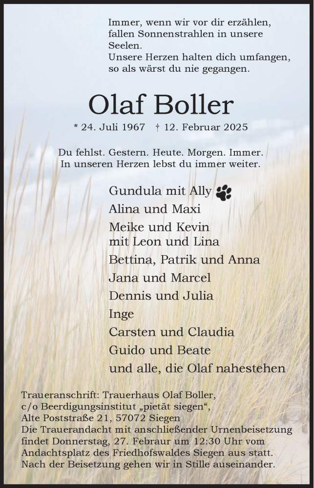  Traueranzeige für Olaf Boller vom 19.02.2025 aus Siegener Zeitung