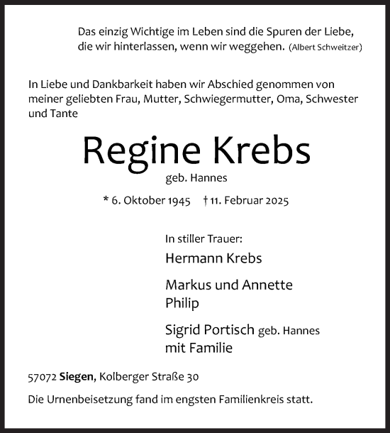 Traueranzeige von Regine Krebs von Siegener Zeitung