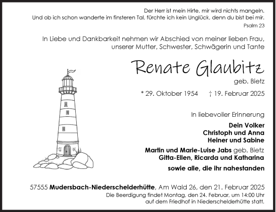 Traueranzeige von Renate Glaubitz von Siegener Zeitung