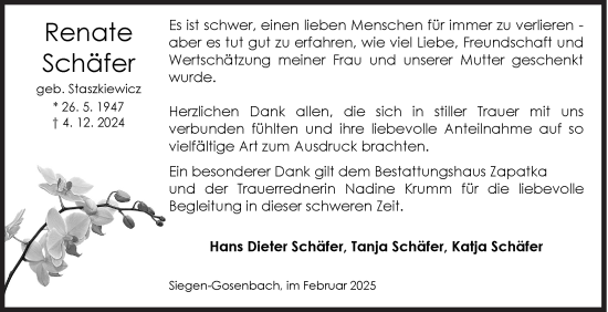 Traueranzeige von Renate Schäfer von Siegener Zeitung