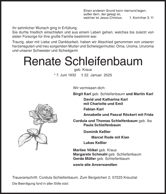 Traueranzeige von Renate Schleifenbaum von Siegener Zeitung