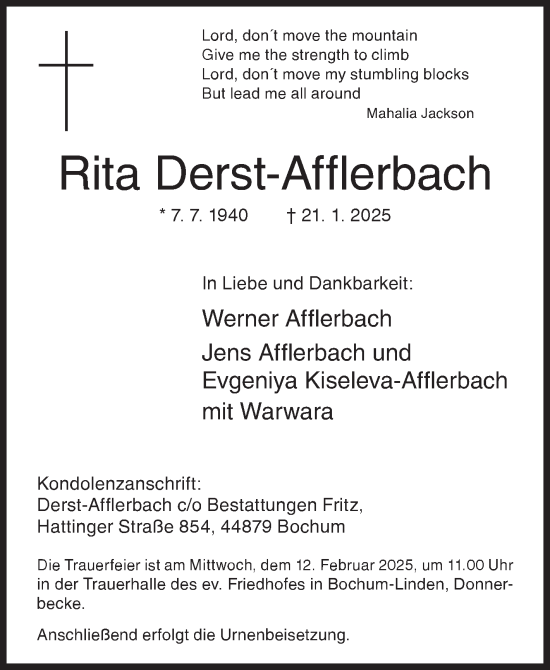 Traueranzeige von Rita Derst-Afflerbach von Siegener Zeitung