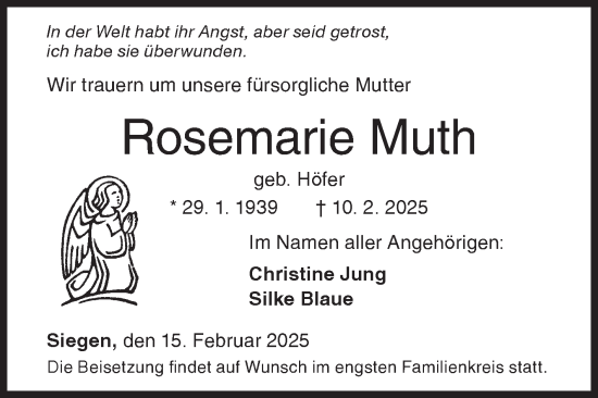 Traueranzeige von Rosemarie Muth von Siegener Zeitung