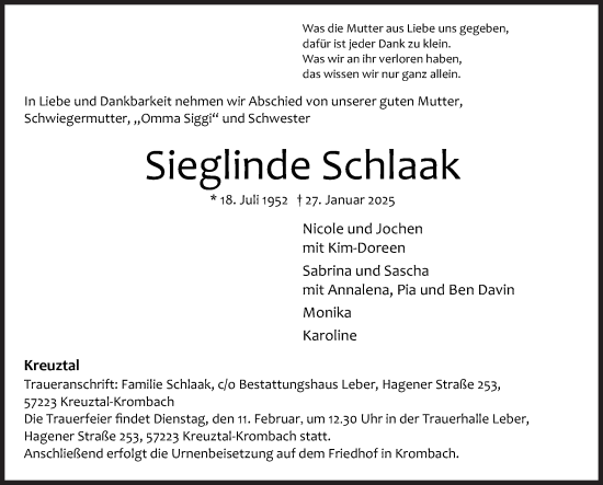 Traueranzeige von Sieglinde Schlaak von Siegener Zeitung