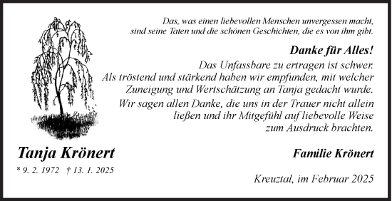 Traueranzeige von Tanja Krönert von Siegener Zeitung