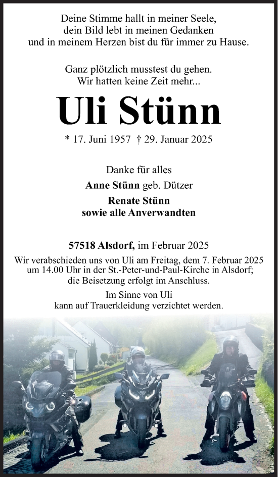 Traueranzeige von Uli Stünn von Siegener Zeitung